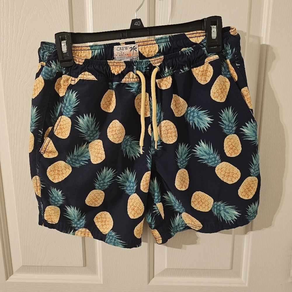 J Crew Swim Trunks Mens Blue Yellow Pineapple Hawaiian Lined Flex Beach Size S
